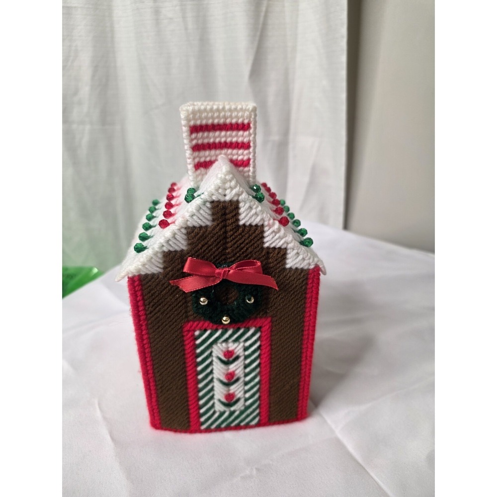 Vtg Needlepoint Christmas Cottage House Plastic Canvas Tissue Box Holder 3D